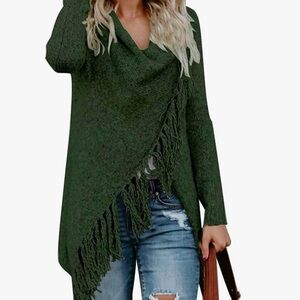 NWT Elegant Olive Green Cowl Neck Sweater with Fringe